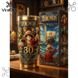 One Piece 30th anniversary stainless steel tumbler with gold handle, featuring Luffy and straw hat crew illustrations.!