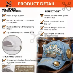 Lionel Messi denim baseball cap featuring gold lettering, a gold soccer ball icon, and a structured curved brim.!