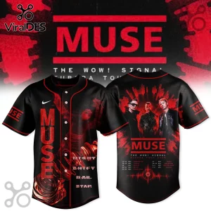 Muse The Wow! Signal Europa Tour 2026 black baseball jersey with red band member graphics and concert dates on the back.!