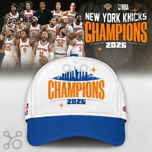 White and blue baseball cap featuring a New York skyline silhouette and Champions 2026 text with NBA branding.!