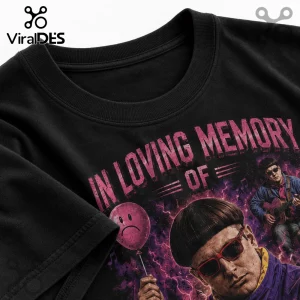 Black cotton t-shirt featuring a graphic of Oliver Tree with pink text reading In Loving Memory Of and a sad balloon.!