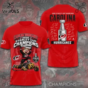 Red Carolina Hurricanes 2026 Stanley Cup Champions t-shirt with team mascot graphic and player signatures on the back.!