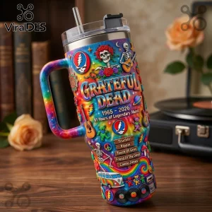 Stainless steel tumbler with Grateful Dead graphics, rainbow galaxy background, skeletons, bears, and song titles listed.!