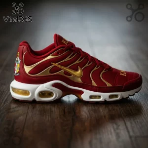 Nike Air Max Plus sneaker in cardinal red and metallic gold with Kappa Alpha Psi fraternity crest on the heel.!