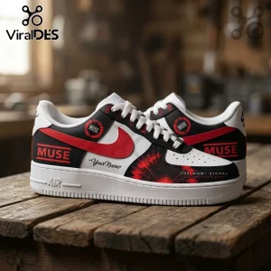 Custom Muse band sneakers featuring red, black, and white design with Your Name text and The Wow! Signal Europa Tour 2075.!