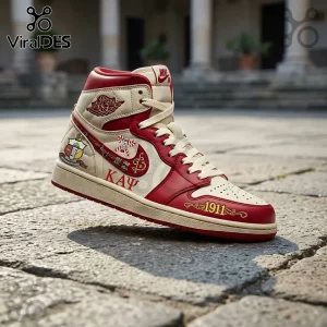 Kappa Alpha Psi branded high-top sneaker in cream and red leather with 1911 embroidery and fraternity crest on stone ground.!