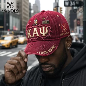 Distressed crimson baseball cap with K A Psi Greek letters, 1911 patch, and custom name embroidery on the brim.!