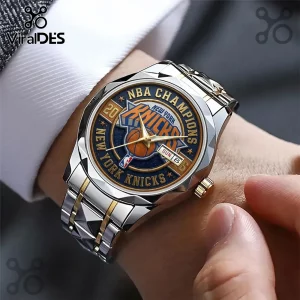 New York Knicks NBA Champions themed wristwatch with silver and gold stainless steel link band on a human wrist.!