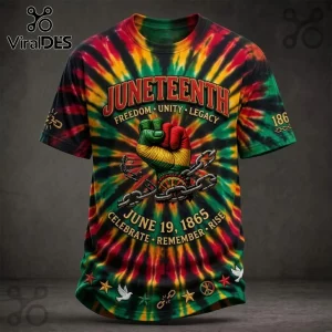 Juneteenth tie-dye t-shirt with red, yellow, green colors, raised fist breaking chains, and 1865 text graphics.!
