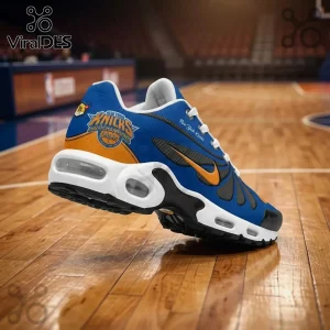 New York Knicks 2026 NBA Champion sneaker in blue and orange with white midsole on an indoor basketball court floor.!