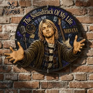 Circular stained glass wall art featuring Kurt Cobain, a microphone, Nirvana logo, and text The Soundtrack Of My Life.!