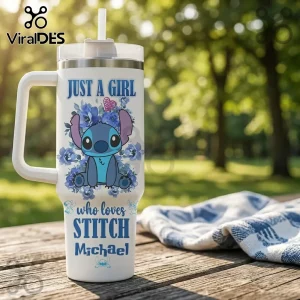 White stainless steel tumbler with handle, Stitch character, blue floral print, and text reading Just a girl who loves Stitch.!