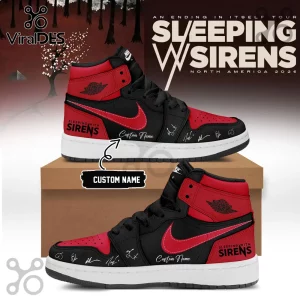 Custom Sleeping With Sirens high-top sneakers in black and red with band logo, signatures, and custom text space.!