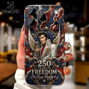 Elvis Presley phone case featuring red, white, and blue patriotic art, angel wings, and 250 Years of Freedom text.!