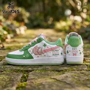 Custom AKA Alpha Kappa Alpha sneakers in white, sage green, and salmon pink with ivy accents, pearl studs, and 1908 text.!