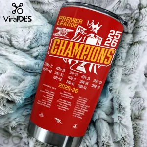Red stainless steel tumbler featuring Arsenal FC 2025-26 Premier League Champions graphics, player names, and trophy icons.!