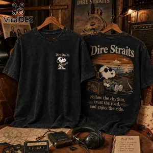 Charcoal acid-wash T-shirt featuring Snoopy playing guitar on the front and a classic rock road trip graphic on the back.!