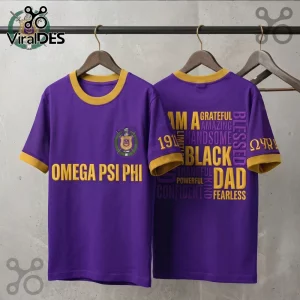 Omega Psi Phi purple cotton t-shirt with gold lettering, crest on front, and typography design on back.!