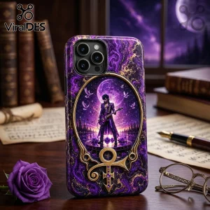 iPhone case featuring Prince holding a guitar under a full moon, with purple marbled texture and gold emblem accents.!