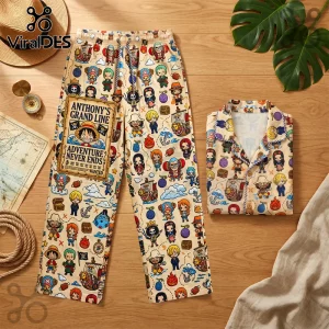 One Piece anime pajamas set featuring chibi characters, Devil Fruits, and a custom Wanted poster on light tan fabric.!