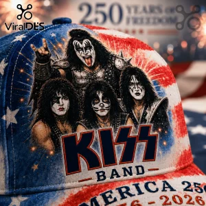 KISS band member graphic baseball cap with red, white, and blue American flag pattern and 250 years of freedom text.!