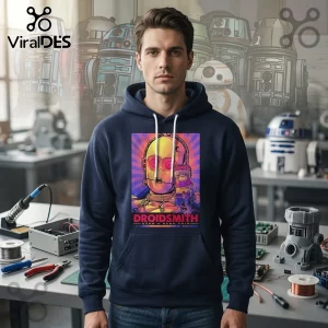 Navy blue cotton-blend hoodie featuring C-3PO and Babu Frik graphic with DROIDSMITH text in a neon artistic style.!