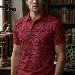 Man wearing a burgundy polo shirt featuring embossed Rush band iconography, including the 2112 star, gears, and instruments.!
