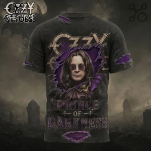 Black Ozzy Osbourne graphic t-shirt featuring a portrait of Ozzy, a bat, and purple text reading Prince of Darkness.!