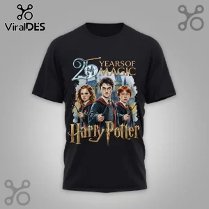 Black cotton t-shirt featuring Harry, Hermione, and Ron with 25 Years of Magic text and Hogwarts castle graphic.!