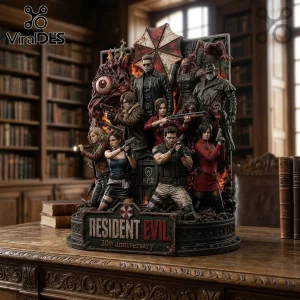 Resident Evil 30th anniversary resin statue featuring Leon, Jill, Claire, and Ada characters on a desk in a library.!
