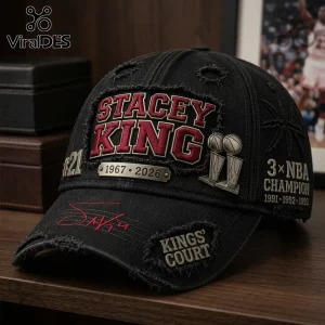 Black distressed baseball cap featuring Stacey King embroidery, metal NBA trophy pins, and 3x NBA champion text details.!