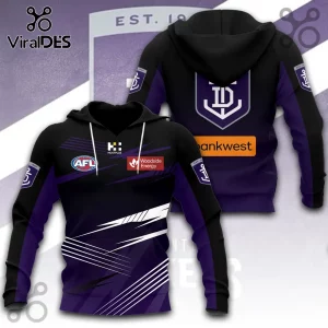 Fremantle Dockers AFL black and purple pullover hoodie featuring team logos, Hostplus, and Woodside Energy branding.!