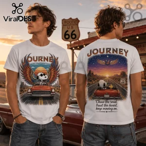 White graphic t-shirt featuring Snoopy driving a red car on Route 66 with desert sunset scenery and Journey band branding.!