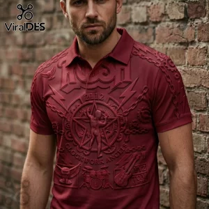 Maroon polo shirt featuring 3D embossed Rush rock band graphics, 2112 logo, Starman emblem, and musical instrument icons.!