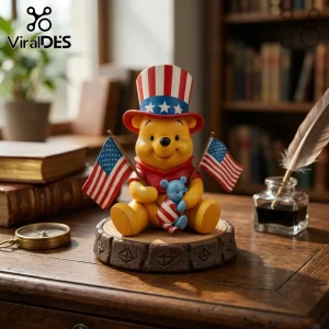 Winnie the Pooh figurine wearing a red white and blue patriotic top hat and holding two American flags on a wooden base.!