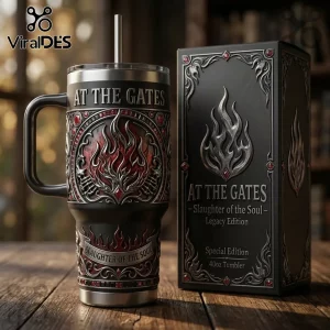 At The Gates Slaughter of the Soul 40oz black metal tumbler with silver flame emblem, red accents, and matching gift box.!