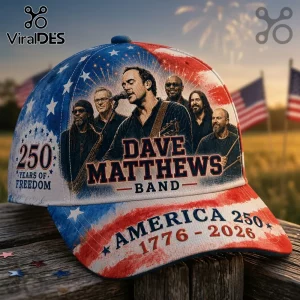 Dave Matthews Band baseball cap with red, white, and blue American flag print, text 250 Years of Freedom and America 250.!
