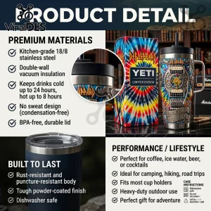Def Leppard Yeti stainless steel tumbler featuring colorful tie-dye patterns, guitar motifs, and band lyrics.!