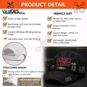 Black distressed baseball cap with Stacey King embroidery, trophy icons, and adjustable back strap on a white background.!