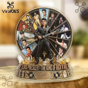 Elvis Presley collectible figurine on circular display with vintage portraits, gold accents, and C T B lightning logos.!