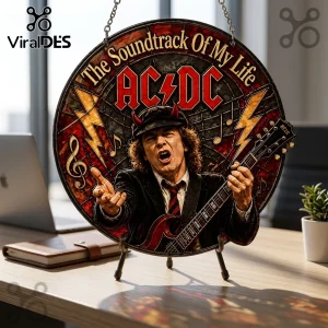 Round AC/DC stained glass hanging decor featuring Angus Young with red horns, lightning bolts, and music note motifs.!