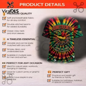 Juneteenth tie-dye t-shirt with red, yellow, and green spiral pattern featuring a raised fist and broken chains graphic.!