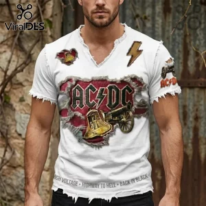 White distressed v-neck t-shirt featuring AC/DC logo graphics, a gold bell, a cannon, lightning bolt, and band song titles.!