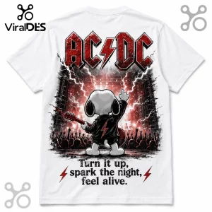 White graphic t-shirt featuring Snoopy in a leather jacket playing guitar on stage under an AC/DC logo with lightning.!