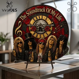 Round stained glass hanging display featuring Guns N' Roses band members, gold logo, and The Soundtrack Of My Life text.!