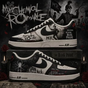 Custom My Chemical Romance themed sneakers featuring The Black Parade graphics, black and white leather, and band lyrics.!