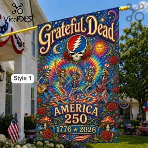 Grateful Dead garden flag featuring dancing skeletons, red white and blue attire, and America 250 1776-2026 text graphics.!