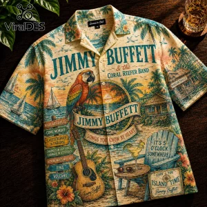 Jimmy Buffett button-down shirt with tropical parrot, guitar, and beach graphics in cream, teal, and orange tones.!
