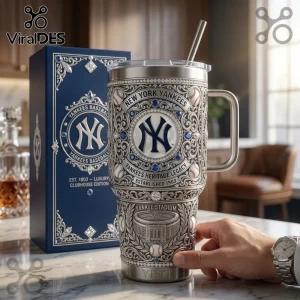 New York Yankees embossed stainless steel Yeti tumbler with blue crystal accents and Yankee Stadium graphic.!