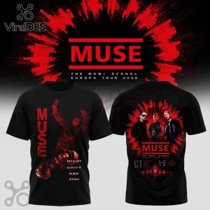 Black t-shirt featuring red graphic Muse The Wow Signal Europa Tour 2026 artwork, band photos, and tour date listings.!